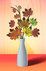 twigs with maple autumn leaves in a white vase