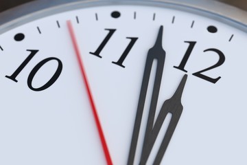 Obraz na płótnie Canvas Deadline and time concept. Close up view on clock showing twelve hours. 3D rendered illustration.