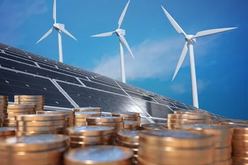 Fotobehang Economics of alternative energy. Money in front of solar panels and wind turbunes. 3D rendered illustration. © vchalup