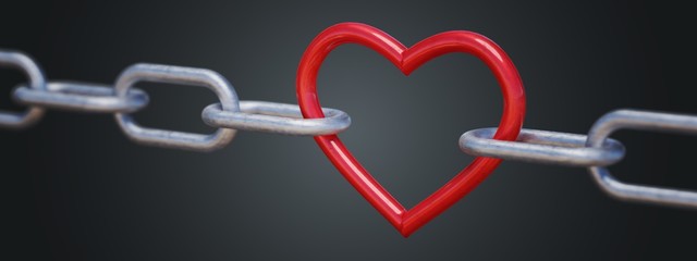 Red metalic heart in chain on black background. 3D rendered illustration.