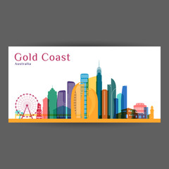 Gold Coast city architecture silhouette. Colorful skyline. City flat design. Vector business card. © greens87