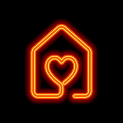 house with heart icon. line style. Orange neon style on black ba