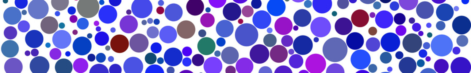 Abstract horizontal banner of circles of different sizes in shades of blue colors on white background