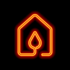 house with water drop icon. line style. Orange neon style on bla