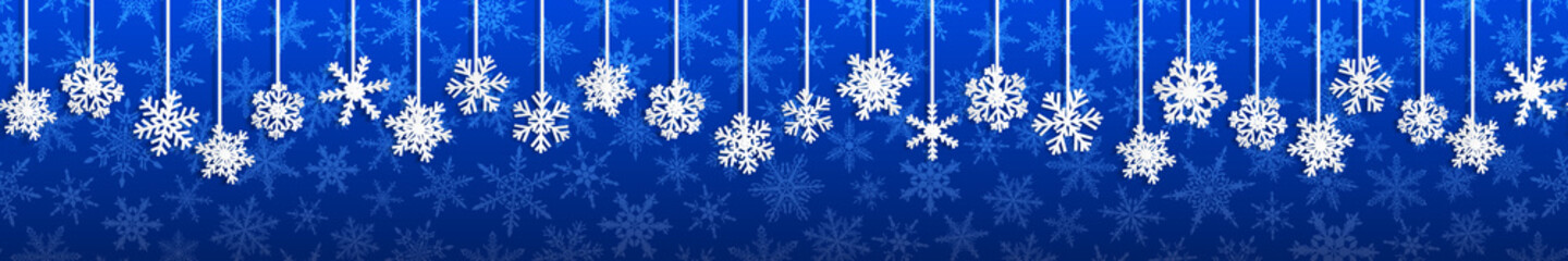 Fototapeta na wymiar Christmas seamless banner with white hanging snowflakes with shadows on blue background