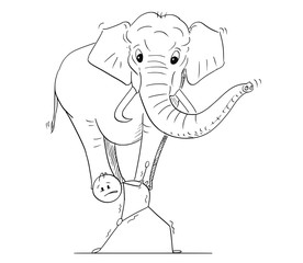 Cartoon stick drawing conceptual illustration of man or businessman carrying elephant on his back. Business concept of effort and challenge.