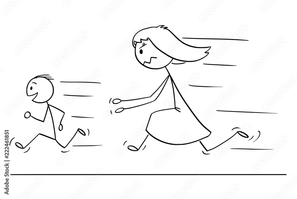 Sticker Cartoon stick drawing conceptual illustration of frustrated and angry mother chasing naughty and disobedient son.