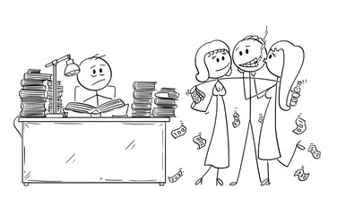 Cartoon stick drawing conceptual illustration of two students, one of them is learning from books and second one is partying with girls and alcohol.