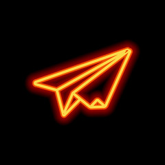 paper plane. origami glider. Orange neon style on black backgrou