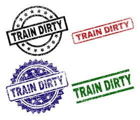 TRAIN DIRTY seal prints with distress surface. Black, green,red,blue vector rubber prints of TRAIN DIRTY label with dirty surface. Rubber seals with round, rectangle, rosette shapes.