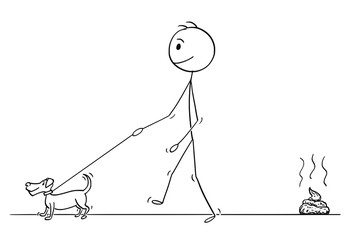 Cartoon stick drawing conceptual illustration of man walking with small dog on a leash leaving excrement or poop on the ground.