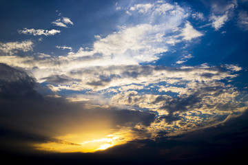 Delightful summer sunset. Evening sky, clouds and wonderful sun.