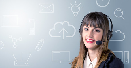 Young female telemarketer with white mixed media icons around her