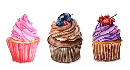 Watercolor set of cupcakes. Food illustration, cakes is isolated on white background. Muffins for greeting birthday postcard, poster for cafe and pastry shop.