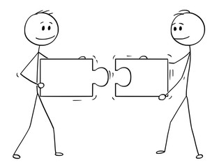 Cartoon stick man drawing conceptual illustration of two businessmen holding and connecting matching pieces of jigsaw puzzle. Business concept of teamwork, collaboration and problem solution.
