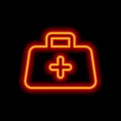 first-aid kit, simple icon. Orange neon style on black backgroun