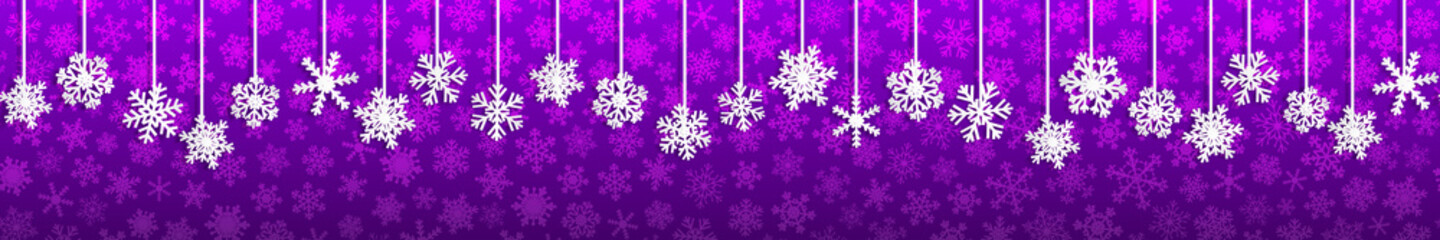 Naklejka na ściany i meble Christmas seamless banner with white hanging snowflakes with shadows on purple background