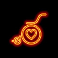 wheelchair and heart, outline icon. Orange neon style on black b