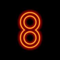 Number eight, numeral, simple letter. Orange neon style on black