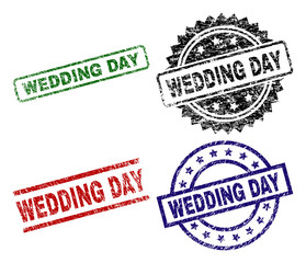 WEDDING DAY seal prints with distress style. Black, green,red,blue vector rubber prints of WEDDING DAY title with corroded style. Rubber seals with round, rectangle, rosette shapes.