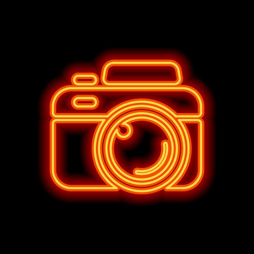 Photo camera, simple icon. Orange neon style on black background
