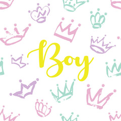 Boy card design. Hand drawn Crown pattern for little prince.