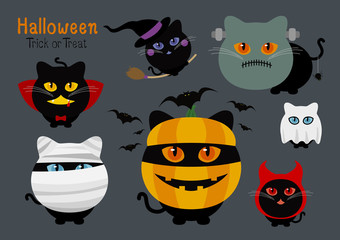 Set of halloween cats costume vector illustration