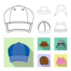 Vector illustration of headwear and cap sign. Set of headwear and accessory vector icon for stock.