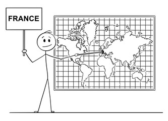 Cartoon stick drawing conceptual illustration of man using pointer and pointing at French Republic or France on big wall world map.