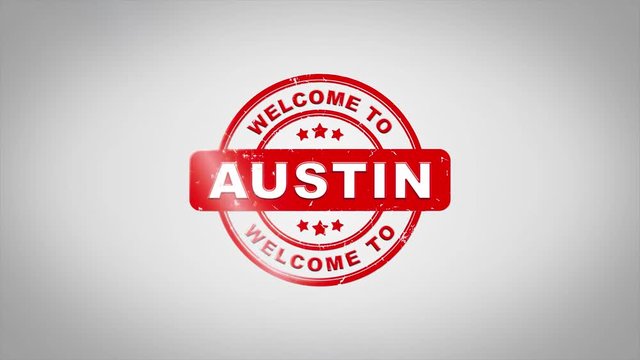 Welcome to AUSTIN Signed Stamping Text Wooden Stamp Animation. Red Ink on Clean White Paper Surface Background with Green matte Background Included.