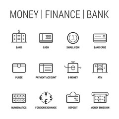 Money. Finance. Bank. Icons set. Thin and thik lines. Black on white.