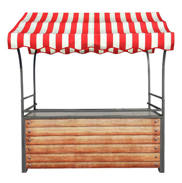 Wooden market stand stall with metal frame and red white striped awning