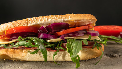 Sandwich with salami and arugula. Delivered on a wooden background