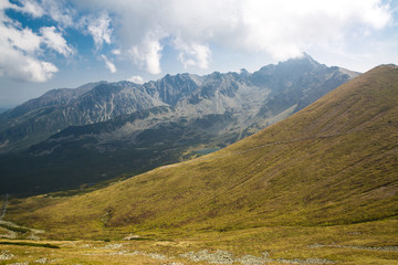Tatra National Park, Poland. Pamoramic view of mountains landscape. Zakopane, Park Narodowy Wysokie Tatry. High Tatras. Świnicka (Svinica) Przełęcz (Swinica Pass) i Kasprowy Wierch (Kasper Peak).