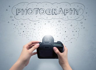 Naked hand photo shooting with message cloud concept and doodles
