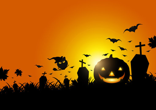 Halloween pumpkin on grass with moon light vector illustration