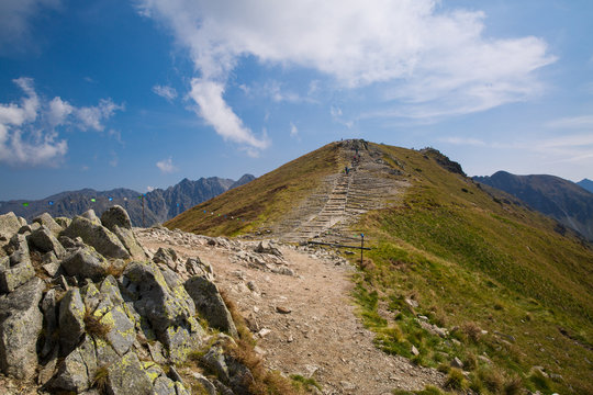 Tatra National Park, Poland. Pamoramic view of mountains landscape. Zakopane, Park Narodowy Wysokie Tatry. High Tatras. Świnicka (Svinica) Przełęcz (Swinica Pass) i Kasprowy Wierch (Kasper Peak).