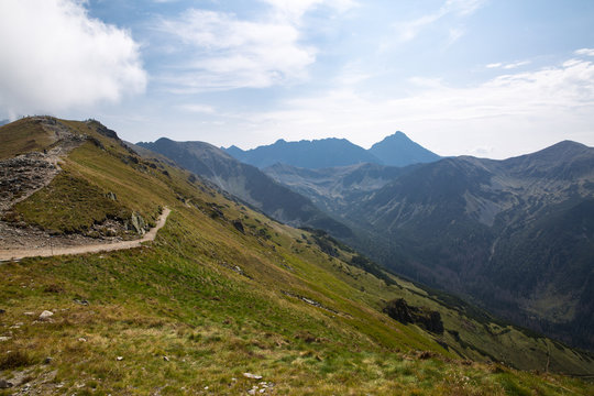 Tatra National Park, Poland. Pamoramic view of mountains landscape. Zakopane, Park Narodowy Wysokie Tatry. High Tatras. Świnicka (Svinica) Przełęcz (Swinica Pass) i Kasprowy Wierch (Kasper Peak).