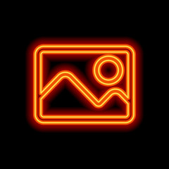 Picture with couple of mountains and sun. Simple linear icon. Or