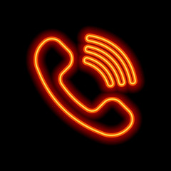 Obraz premium Ringing phone icon. Retro symbol. Orange neon style on black bac