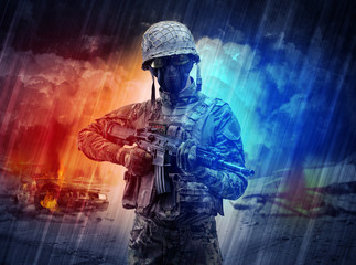 Armed soldier with sniper in the middle of a dust storm
