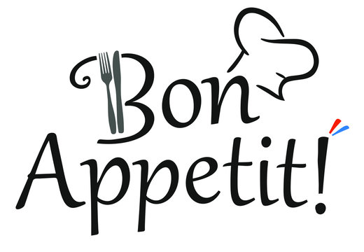 Bon Appetit! slogan with a chef hat, fork and knife and french colors