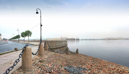 Misty dawn over the Neva river in St. Petersburg