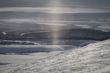 view from the top of the mountain ski resort, Murmansk region, Russia