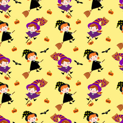 Cute witch girls on bright yellow background vector cartoon illustration for halloween.