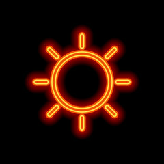 Sun icon. Linear, thin outline. Orange neon style on black backg