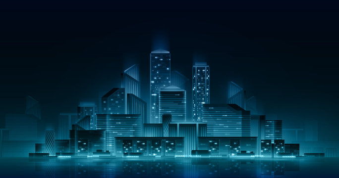 Night cityscape with neon lights. Vector architectural illustration. Nightlife urban concept. City skyline reflected in water.