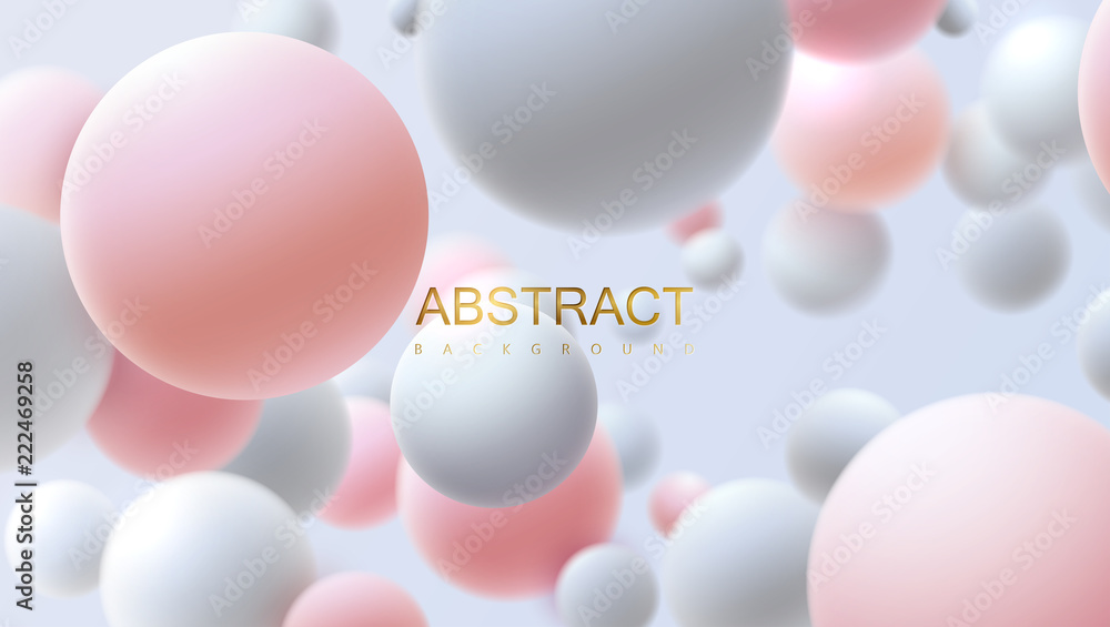 Poster flowing white and pink soft spheres. vector realistic illustration. abstract background with 3d geom