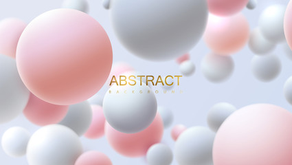 Flowing white and pink soft spheres. Vector realistic illustration. Abstract background with 3d geometric shapes. Modern cover design. Ads banner or brochure template. Dynamic wallpaper