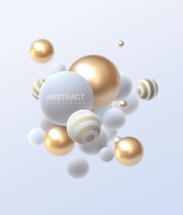 3d flowing spheres. Vector abstract illustration of white and golden balls cluster. Modern trendy concept. Dynamic decoration element. Futuristic poster or cover design